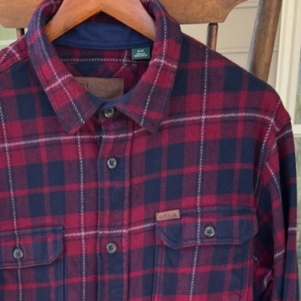 Orvis Big Bear Heavyweight Flannel Plaid Shirt Red Blue Sangria Cotton Men's M